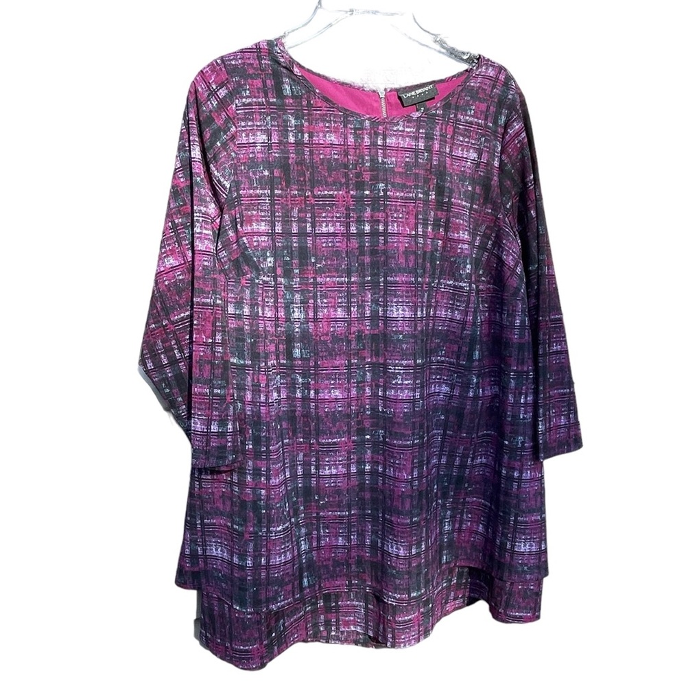 Lane Bryant Sz 14 Slipover Blouse Zip up 3/4 Sleeve Burgundy Black White
